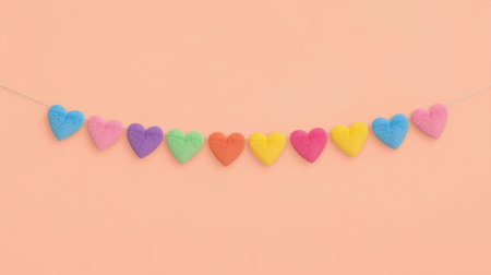 Colorful hearts on a rope on a pastel pink background.の素材