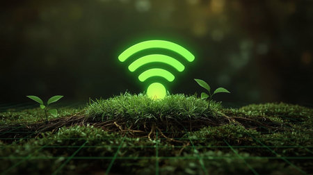 3d rendering of green wifi symbol with sprout growing on grassの素材