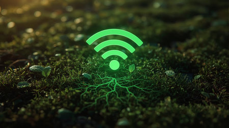 Wireless connection concept. Green wifi icon on moss. 3d renderingの素材