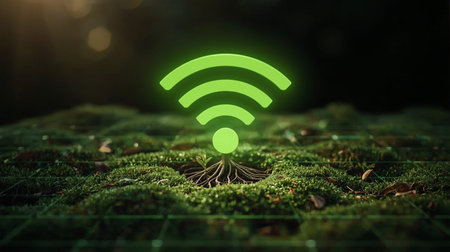 3D rendering of a green wifi symbol on a green moss backgroundの素材