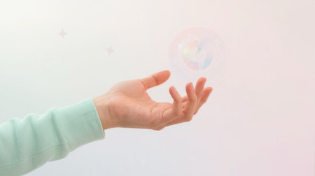 Woman's hand holding a soap bubble on a white background. Copy space.の素材