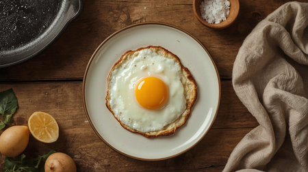 Fried egg in a frying pan on a wooden table, top viewの素材
