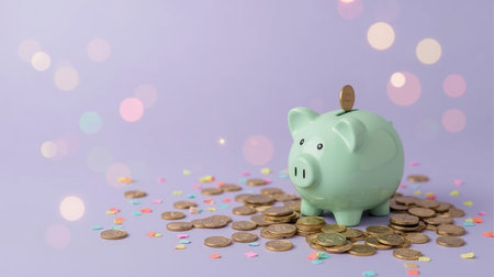 Piggy bank and coins on a purple background with bokehの素材