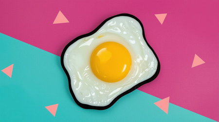 top view of fried egg in black plate on pink and blue backgroundの素材