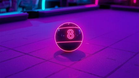 number 8 in neon light on a billiard table. 3d illustrationの素材