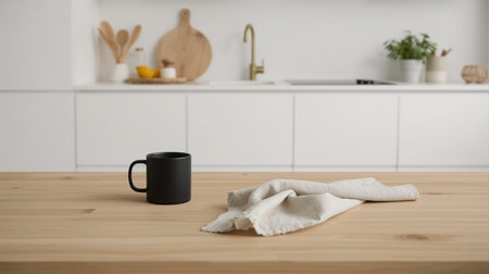 Cup of coffee and croissant on wooden table in modern kitchenの素材