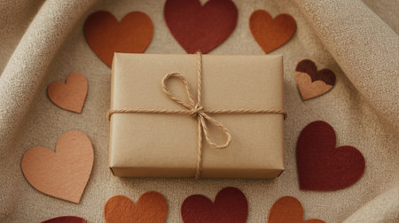 Gift box wrapped in brown craft paper and tied with twine on fabric background with red heartsの素材