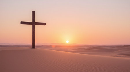 Cross in the desert at sunset. 3d rendering. Computer digital drawing.の素材