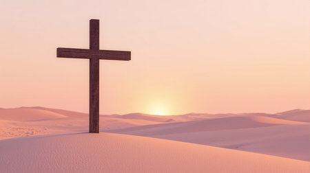 Cross in the desert at sunset. 3d rendering. Computer digital drawing.の素材