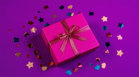 Pink gift box with a bow and confetti on a purple backgroundの素材