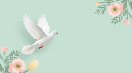 Flying white dove with flowers on pastel background. Vector illustration.の素材