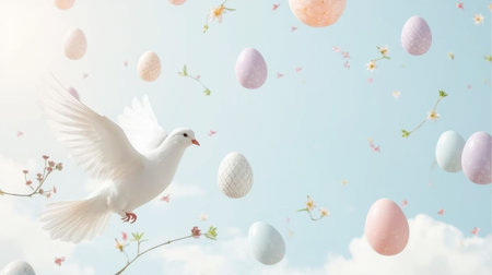 Easter background with white doves and colorful eggs on blue skyの素材