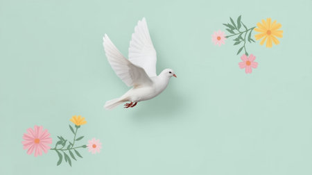 White dove flying with flowers on pastel green background. Minimal concept.の素材