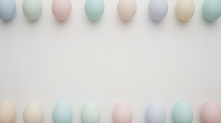 Easter eggs in pastel colors on a white background with copy spaceの素材