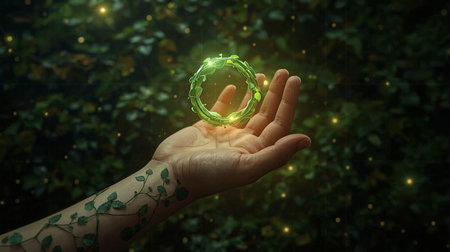 Glowing green crystal sphere in female hand on dark background. 3D renderingの素材