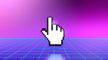A classic pixel art hand cursor, reminiscent of early computer interfaces, floats above a glowing blue grid against a vibrant pink and purple gradient backdropの写真素材