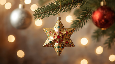 A close-up view of a sparkling golden star ornament adorned with red and green jewels, suspended from a fir tree branch amidst soft bokeh lights