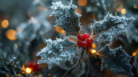 Close-up of a holly branch covered in frost and ice, with vibrant red berries and soft, glowing lights in the background