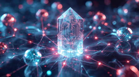 3D rendering of digital wireframe cube with connection lines on dark background