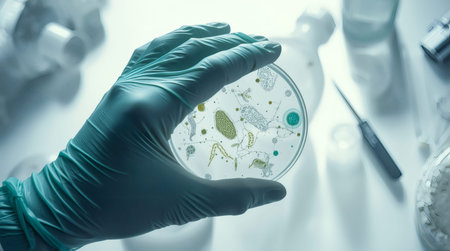 Scientist holding Petri dish with bacteria in laboratory, closeup