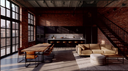 Interior of modern loft living room with brick walls, concrete floor, brown sofa, coffee table and armchair. 3d rendering
