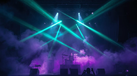 Stage lights with smoke and rays of light on the stage. Concert background