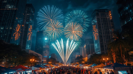 Fireworks show in Hong Kong at night with crowd of people walkingの写真素材