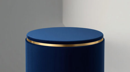 Blue pedestal with gold circle on white background. 3d render