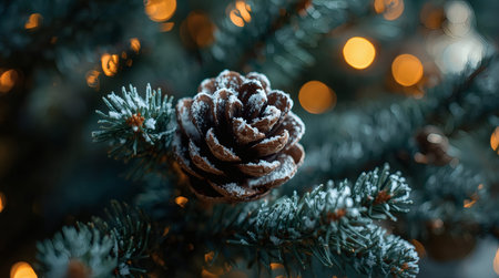 Christmas tree with pine cone covered with snow and bokeh background