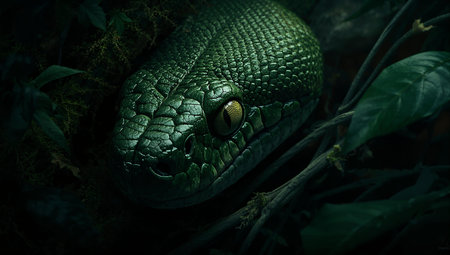 Close up of a green snake in the forest. Dark tone.
