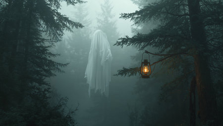 Scary ghost in the misty forest. 3D rendering.