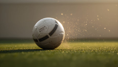 Soccer ball on the grass of the field with the sun.