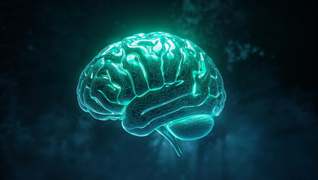 Human brain on dark background. 3D rendering. Neon light.