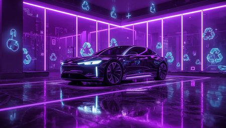 3D rendering of a futuristic black car in a futuristic room with neon lights