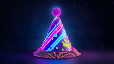 Party hat with neon lights on dark background. 3d rendering.