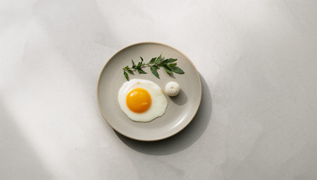 Fried egg in a plate on a white background, top view