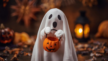 Halloween concept. Funny ghost with pumpkin lantern on dark background.
