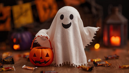 Halloween decoration with ghost, candies and pumpkin on wooden background