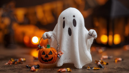 Halloween holiday concept. Ghost and candies on wooden background.