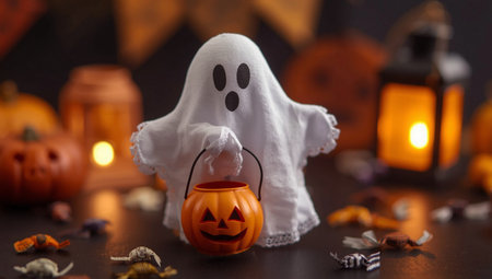 Halloween decoration with ghost, pumpkins and candles on dark background