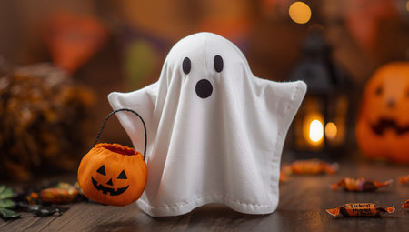 Halloween decoration with ghost and candies on wooden background, selective focus