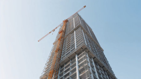 Construction of a multi-storey building with a crane on a background of blue sky