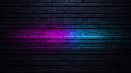 Neon sign on brick wall background. Glowing neon signboard.
