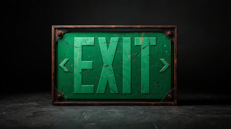 \Old wooden signboard with the word \\Exit\\ on dark background\