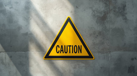 Yellow Caution Triangle on Concrete Wall Background. Caution Warning Sign.