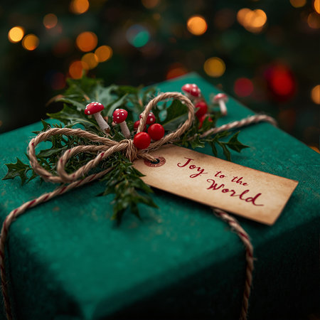 Christmas gift box with red bow, Christmas tree and bokeh background