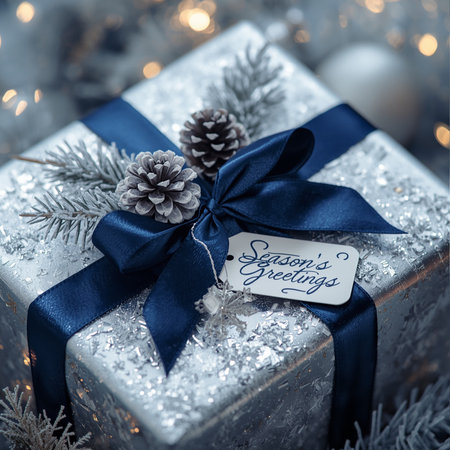Silver gift box with blue ribbon and christmas decoration. Christmas greeting card.