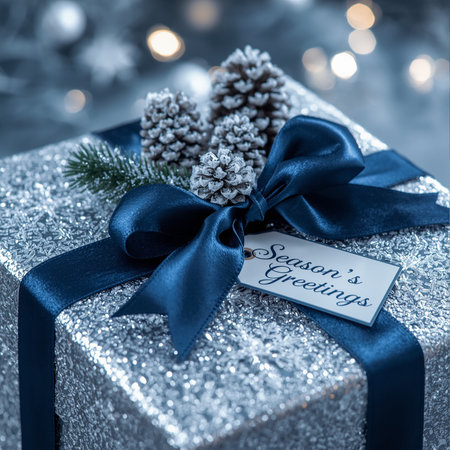 Gift box with blue ribbon and christmas tree on bokeh background