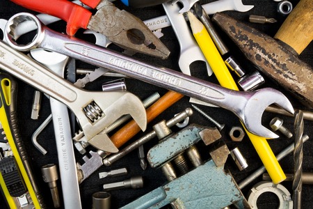 Set of working tools on black backgroundの写真素材
