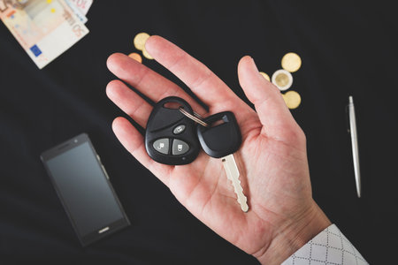 car keys on the mans palm on a black backgroundの写真素材